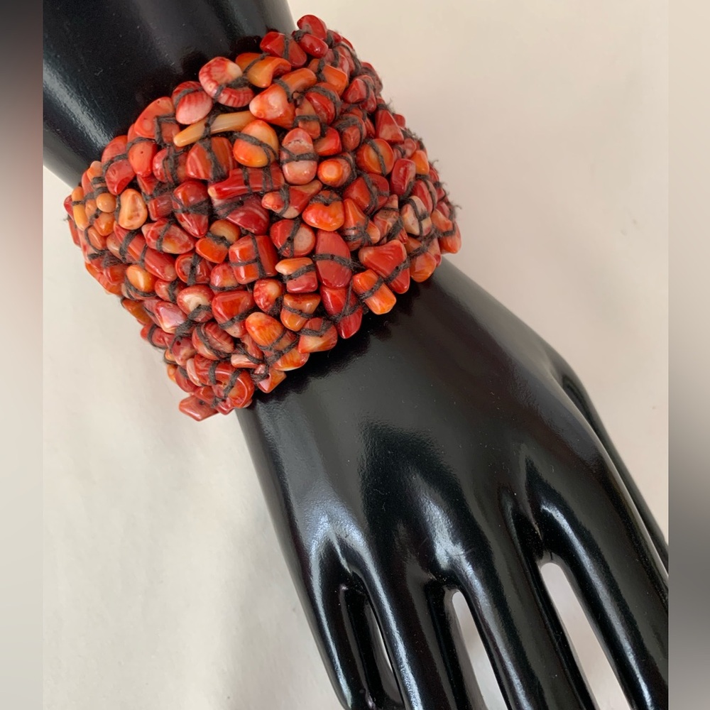 Handmade Red Coral Nuggets Mesh Wide Cuff Bracelet Vintage